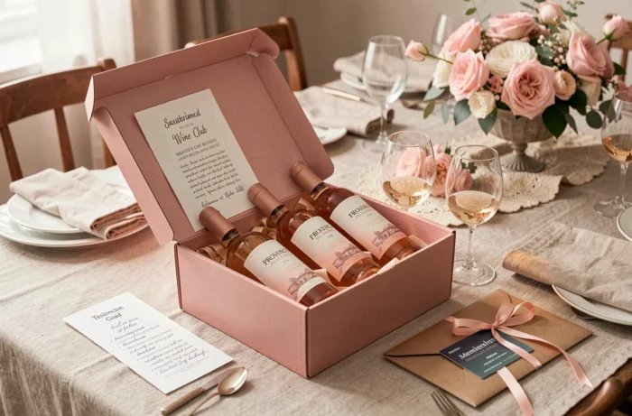 Coffret d'abonnement à un club de dégustation de vins rosés avec bouteilles et guide de dégustation