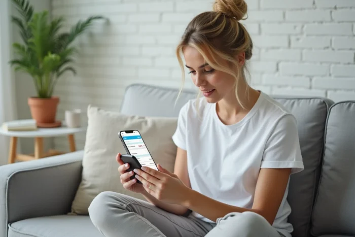 Jeune femme accédant à sa fiche de paie Lidl via l'application mobile MyPrimobox sur smartphone
