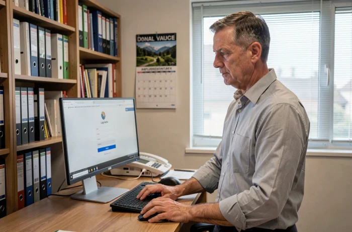 Uomo d'affari che accede alla messaggistica professionale La Poste da un computer desktop in un piccolo ufficio privato