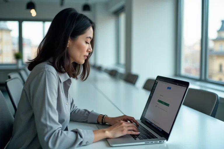 Femme connectée à la messagerie Zimbra de Strasbourg sur un ordinateur portable dans un bureau moderne