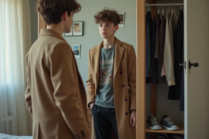 Adolescent s'observant dans un miroir en tenue soignée, représentant la quête identitaire à travers les choix vestimentaires chez les jeunes