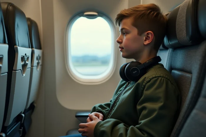 Adolescent de 14 ans assis seul dans la cabine d'un avion Transavia, attachant sa ceinture avant le décollage