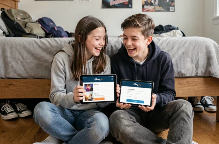 Deux adolescents comparant les offres d'abonnement Disney Plus sur une tablette dans une chambre