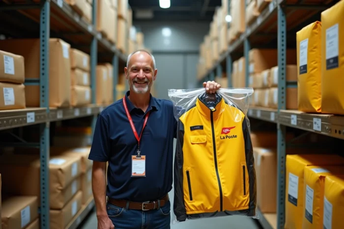 Agent La Poste récupérant son colis d'habillement professionnel dans un local de stockage de la distribution