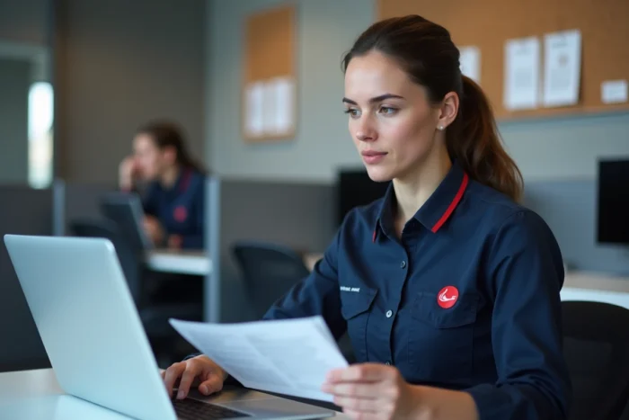 Nouvelle agente La Poste commandant son habillement professionnel sur un portail en ligne depuis son bureau