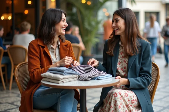 Deux amies qui découvrent leurs achats de mode tendance dans un café, alternatives stylées à Zara et H&M