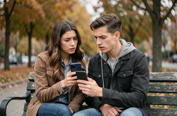 Deux amis sur un banc comparant leurs messages après la suppression d'un groupe WhatsApp
