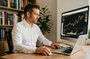 Homme analysant des graphiques boursiers sur un écran d'ordinateur dans un bureau moderne