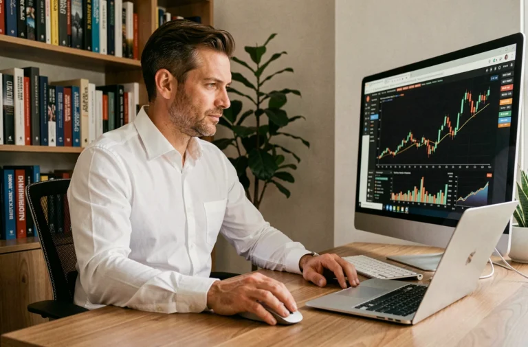 Homme analysant des graphiques boursiers sur un écran d'ordinateur dans un bureau moderne