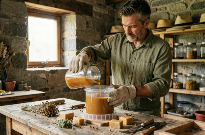 Imker, der Sirup in einen Fütterer für Bienenstöcke in einem rustikalen Imkerei-Werkstatt gießt