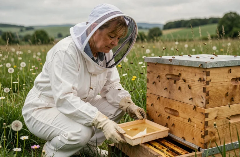 Apicultrice débutante nourrissant ses abeilles avec un plateau de sirop doré devant une ruche en bois dans une prairie fleurie