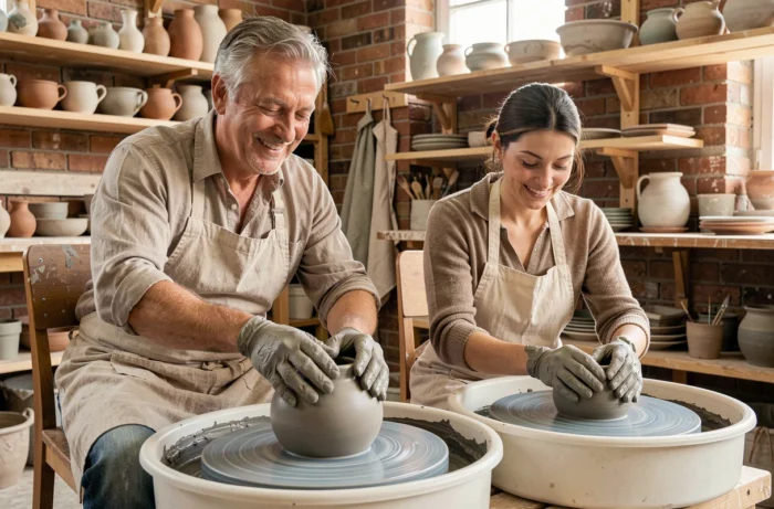 Homme en atelier de poterie façonnant une pièce en céramique accompagné de sa partenaire