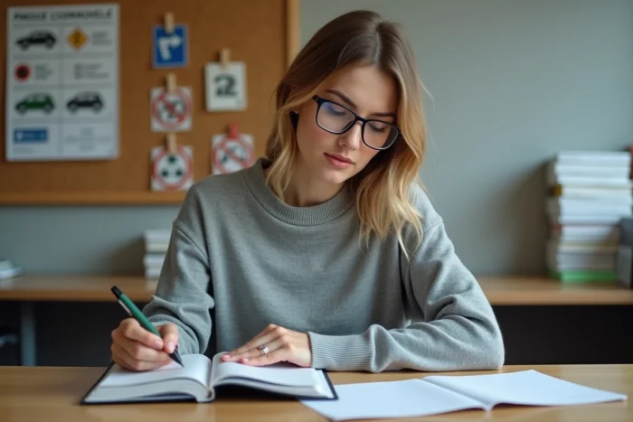Femme étudiant les documents du permis A2 dans une auto-école française, avec des affiches de catégories de permis moto au mur