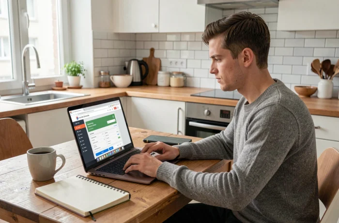Un jeune homme consulte son compte en ligne Société Générale sur un ordinateur portable depuis son domicile, illustrant la banque en ligne pour les particuliers