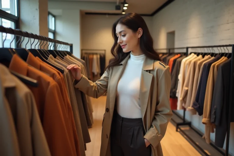 Jeune femme élégante qui fait du shopping dans une boutique de mode indépendante, alternative tendance à Zara et H&M