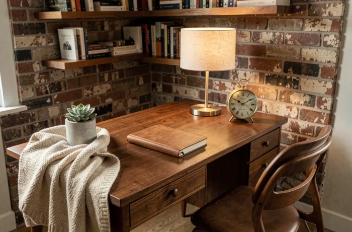 Bureau à domicile élégant et bien aménagé avec bureau en bois, lampe de bureau minimaliste et accessoires de décoration intérieure pratiques