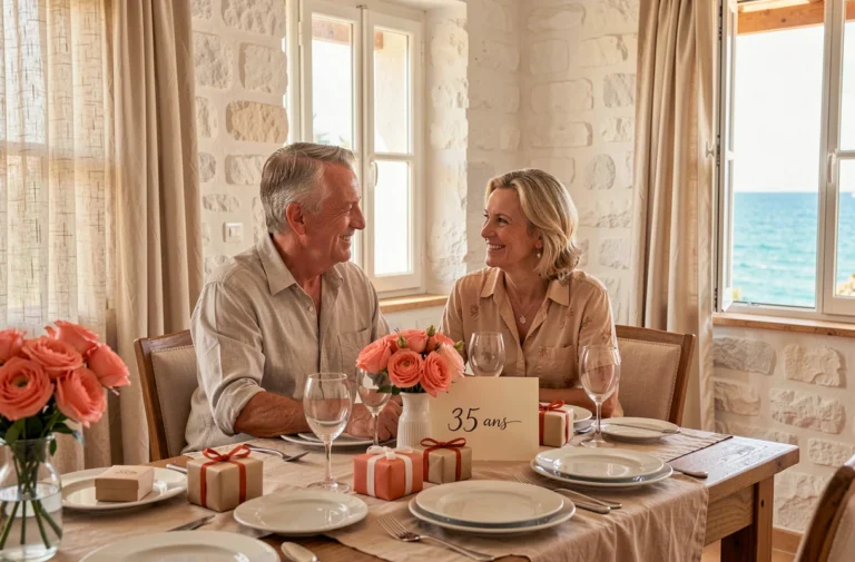 Couple fêtant leurs 35 ans de mariage avec des cadeaux et des fleurs corail sur une table décorée