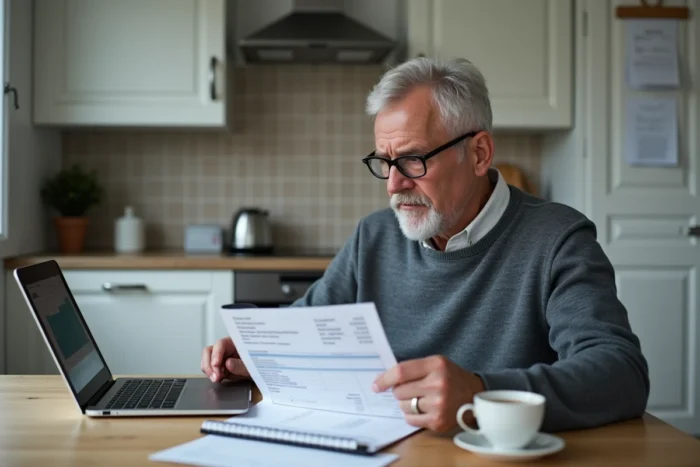 Homme examinant les factures de services à domicile ADMR pour calculer son budget mensuel