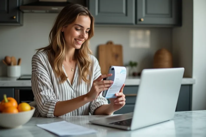 Une femme tenant un ticket de caisse et consultant une application de cashback sur son smartphone à côté d'un ordinateur affichant un panier d'achats en ligne avec des produits du quotidien
