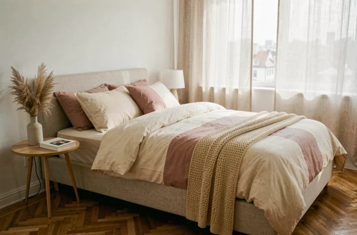 Chambre moderne et cosy avec literie en lin ivoire et rose poudré, herbes de la pampa séchées et parquet bois pour une décoration tendance