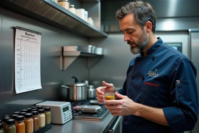 Chef cuisinier en veste bleue lisant la graduation 60 ml d'un verre doseur dans une cuisine professionnelle avec tableau de conversion métrique