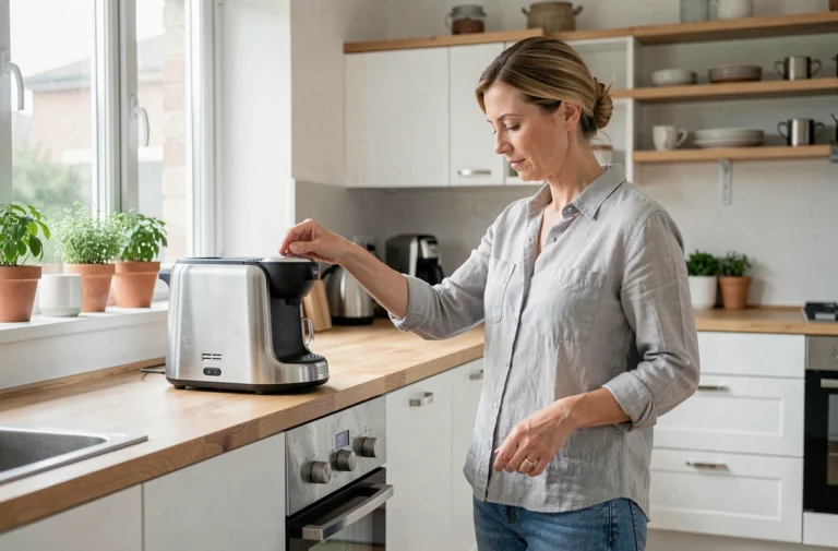 Femme choisissant un équipement électroménager dans une cuisine moderne et bien organisée