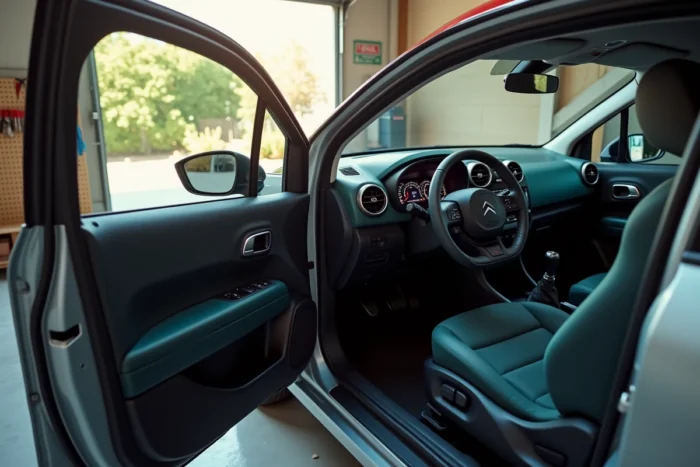 Vue extérieure d'une Citroën C3 garée avec la portière ouverte révélant le tableau de bord et ses voyants
