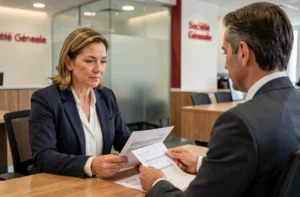 Une cliente discute avec un conseiller bancaire dans une agence Société Générale moderne, illustrant les services bancaires pour les particuliers
