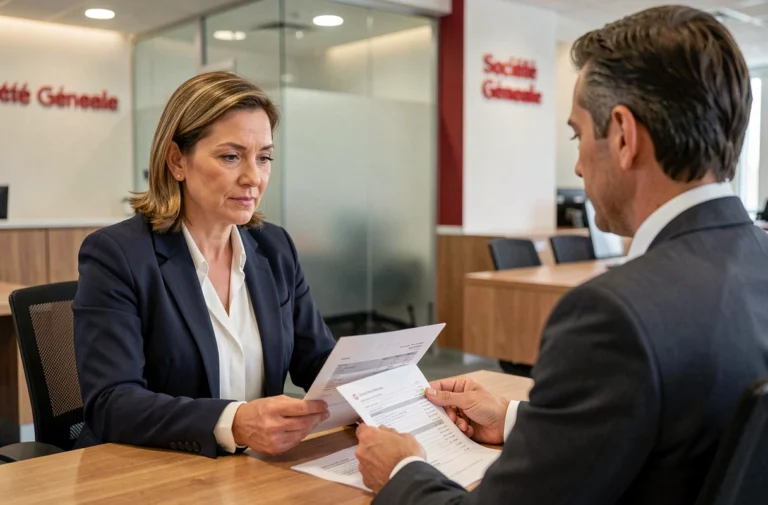 Une cliente discute avec un conseiller bancaire dans une agence Société Générale moderne, illustrant les services bancaires pour les particuliers