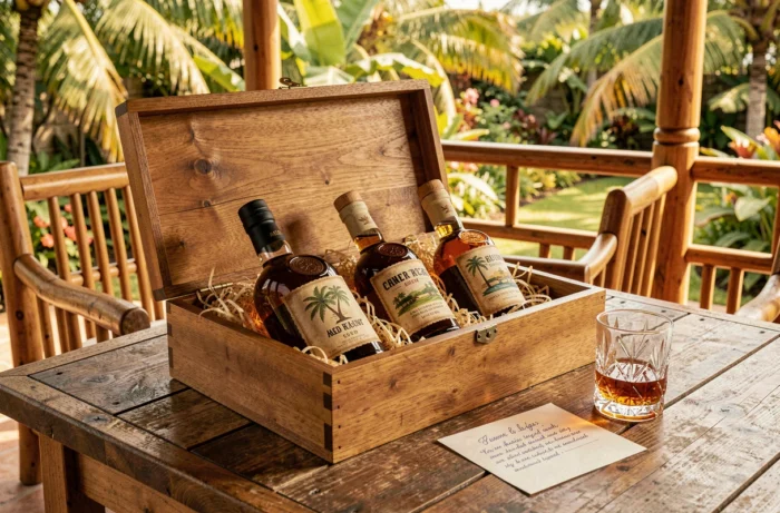 Coffret de rhums ambrés des Caraïbes avec verres en cristal et carte cadeau sur une table tropicale
