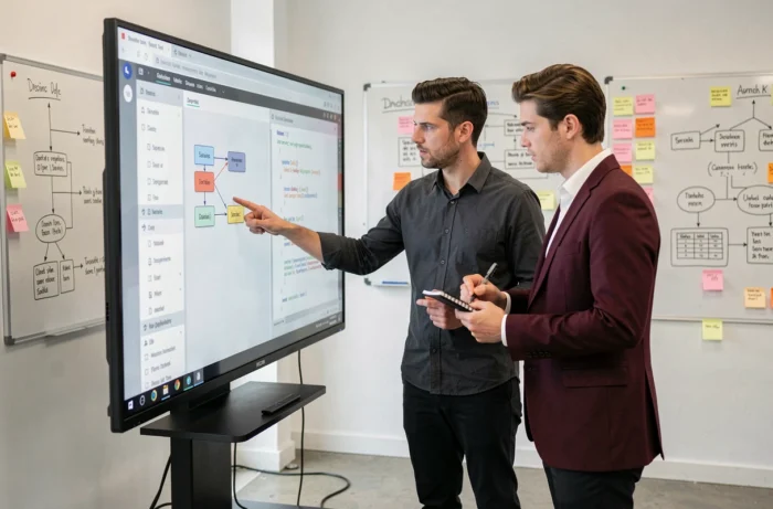 Deux professionnels collaborant sur des codes de configuration et réglages de workflow Kordoz dans un espace de co-working moderne
