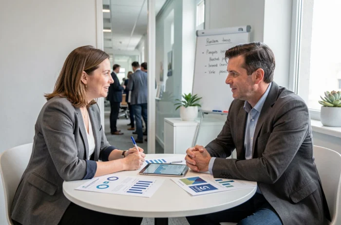 Deux professionnels collaborant sur une stratégie de marketing digital autour d'une table avec des infographies imprimées