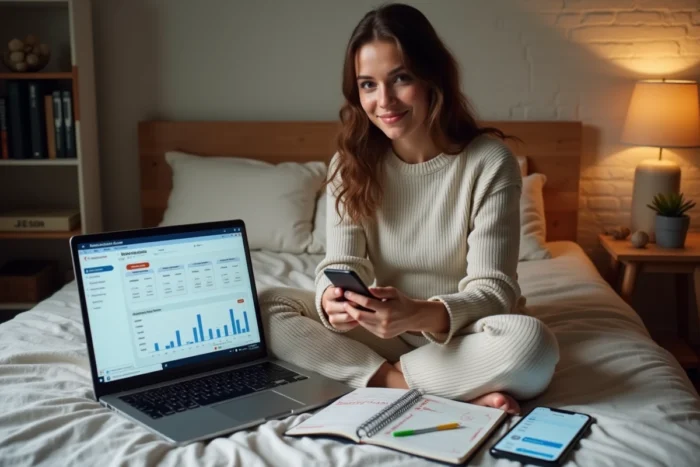 Une jeune femme assise en tailleur sur un lit entourée d'un ordinateur portable, d'un smartphone et d'un carnet de planification combinant plusieurs méthodes de revenus sur quelques jours pour atteindre 100 euros