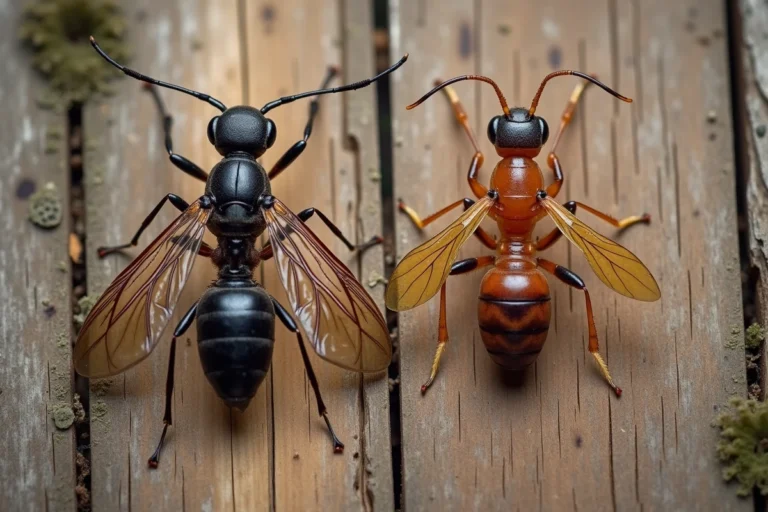 Comparaison macro entre une fourmi volante et un termite ailé côte à côte sur du bois vieilli, montrant les différences morphologiques clés