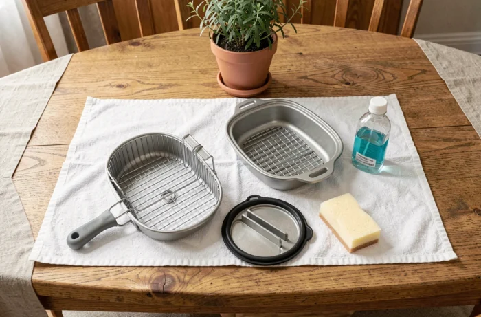Top view of the disassembled components of an electric fryer arranged on a white towel for complete cleaning