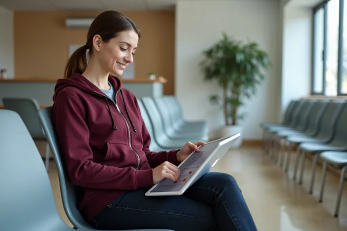 Jeune femme consultant son compte Keldoc sur une tablette dans une salle d'attente médicale