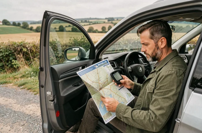 Conducteur comparant une carte Michelin et un GPS dans une voiture garée en bord de route en France