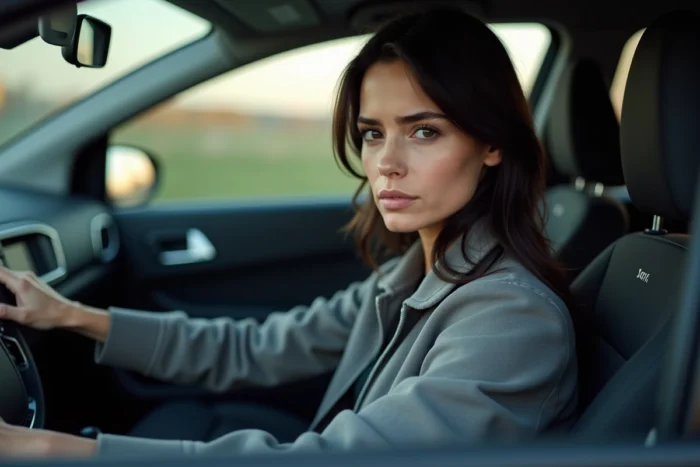 Conductrice de Citroën C3 observant les voyants du tableau de bord avec une expression attentive