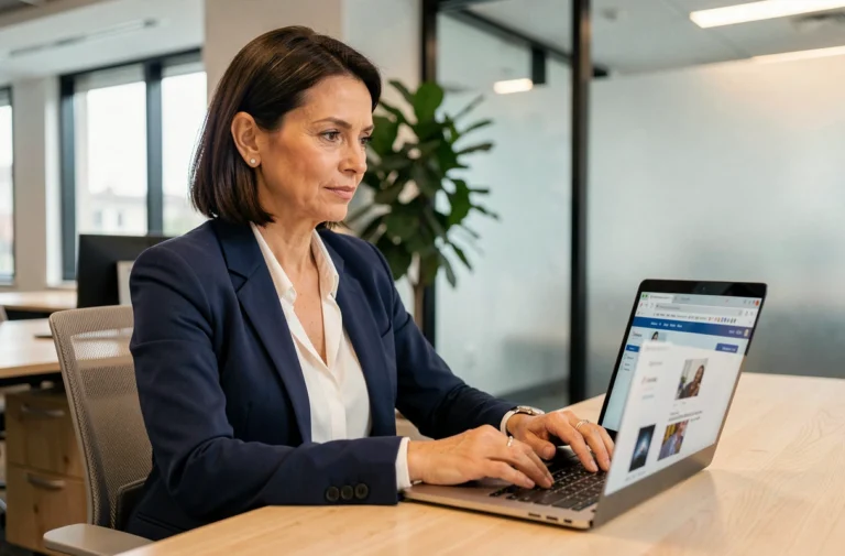 Femme professionnelle se connectant à sa messagerie La Poste sur un ordinateur portable dans un bureau moderne
