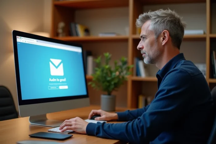 Homme accédant à son compte Zimbra depuis un bureau à domicile avec un ordinateur de bureau