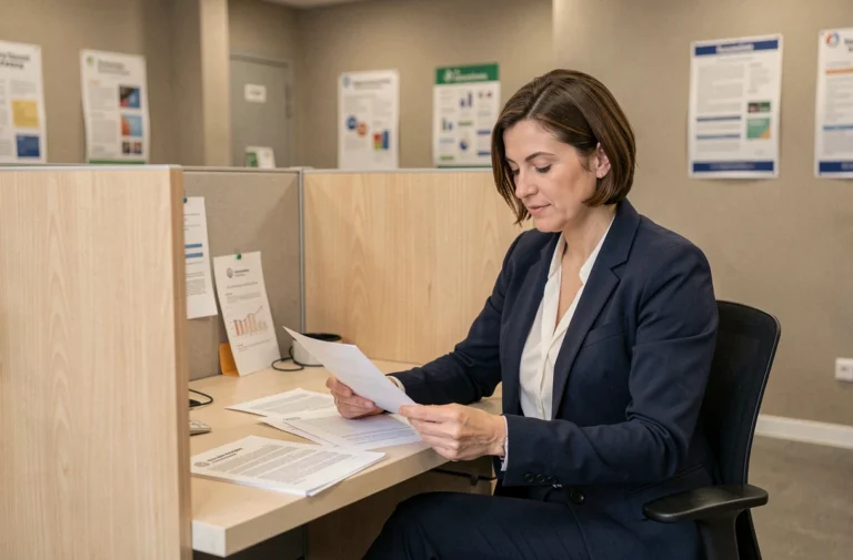 Conseillère Pôle emploi examinant des documents administratifs dans une agence moderne