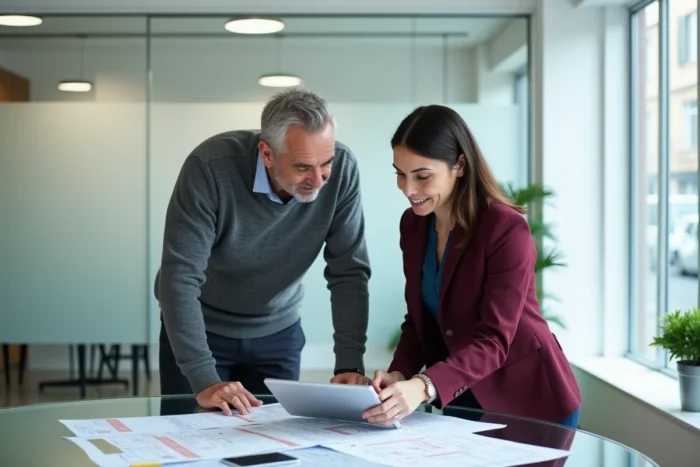 Client et agent immobilier consultant une plateforme d'échange immobilier en ligne dans une agence moderne