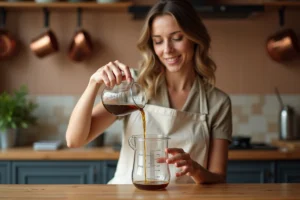 Femme versant 60 ml de liquide dans un verre doseur gradué en millilitres et centilitres sur un plan de travail en bois