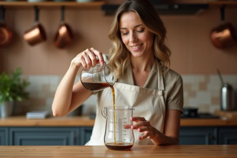 Femme versant 60 ml de liquide dans un verre doseur gradué en millilitres et centilitres sur un plan de travail en bois