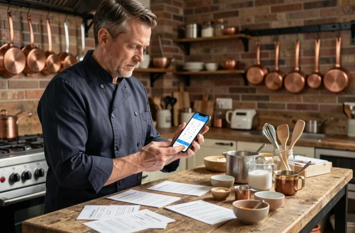 Chef utilisant une application convertisseur de masse sur smartphone pour adapter les unités de mesure d'une recette dans une cuisine professionnelle