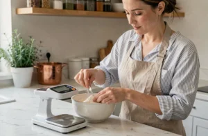 Femme utilisant une balance de cuisine numérique pour peser de la farine dans un bol en céramique, aidée par un convertisseur de masse pour ses recettes
