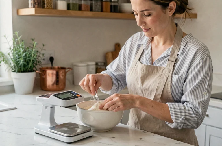 Femme utilisant une balance de cuisine numérique pour peser de la farine dans un bol en céramique, aidée par un convertisseur de masse pour ses recettes