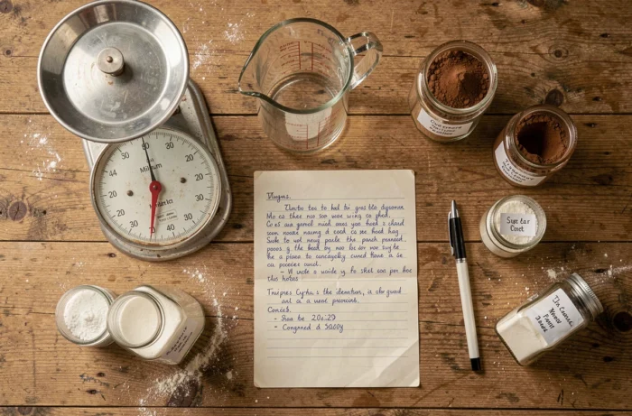 Vue de dessus d'une table de cuisine avec une balance vintage, des tasses à mesurer et une fiche recette annotée avec des conversions de masse