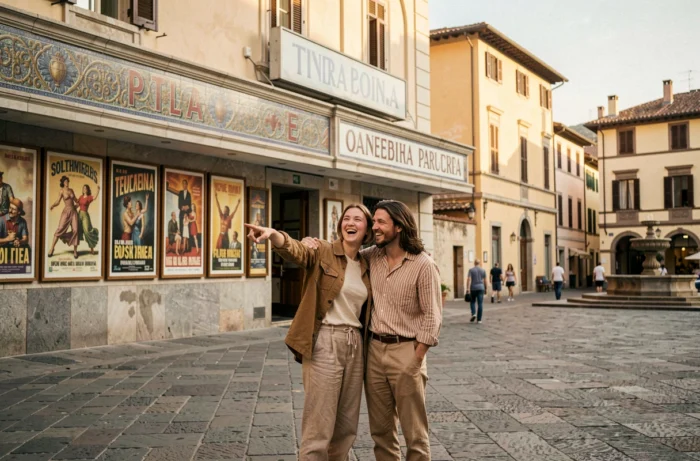 Junges Paar, das vor einer Fassade eines italienischen Vintage-Kinos mit handgemalten Filmplakaten in einer malerischen Piazza lacht
