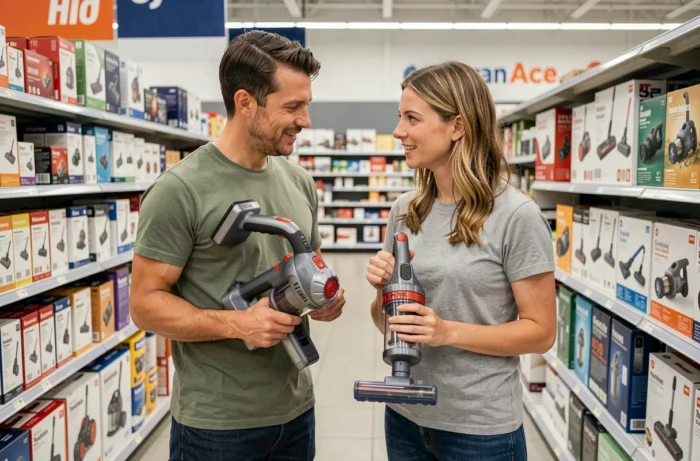 Couple comparant des aspirateurs dans un magasin de bricolage pour équiper leur domicile